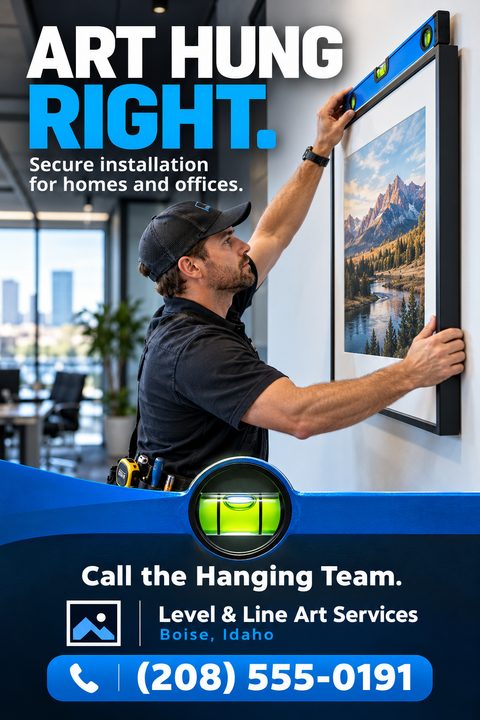 A man in a black uniform and cap uses a blue level to hang a large framed landscape photo on a white wall in an office. Text reads 'Art Hung Right. Secure installation for homes and offices.'
