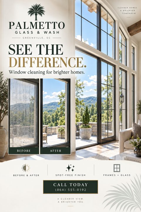 Flyer for window cleaning services featuring a large photo of a bright living room with floor-to-ceiling windows, and an inset before-and-after photo showing a dirty window next to a clean one.