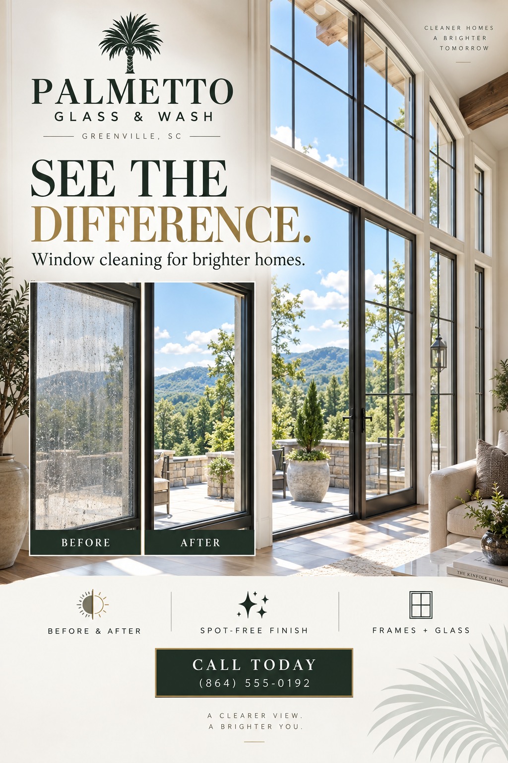 Flyer for window cleaning services featuring a large photo of a bright living room with floor-to-ceiling windows, and an inset before-and-after photo showing a dirty window next to a clean one.