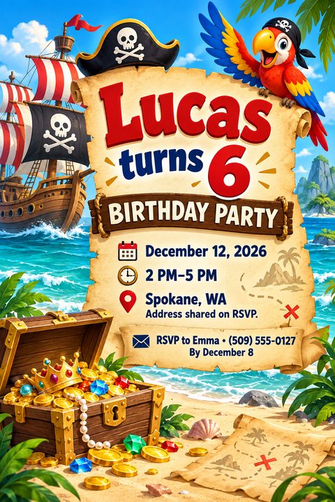 A pirate-themed birthday party flyer featuring a parchment scroll over a beach scene with a pirate ship, open treasure chest, skull hat, and a colorful parrot.