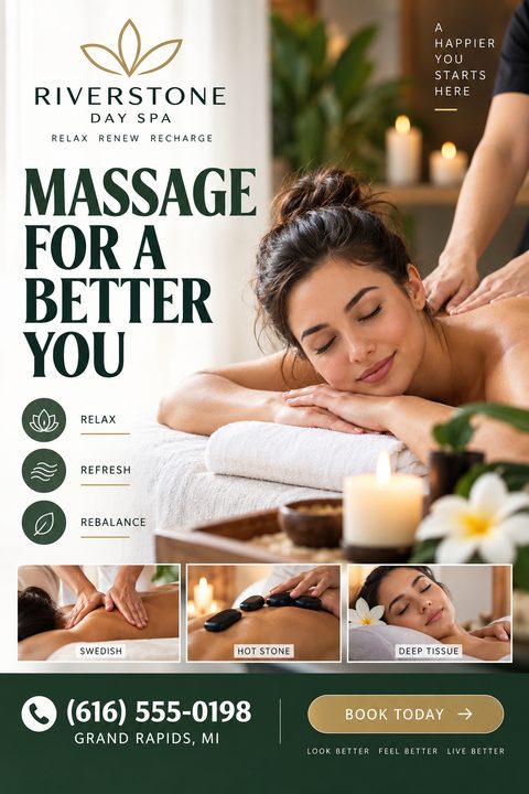 A calming spa flyer featuring a large photo of a woman receiving a massage, with three smaller photos below showing Swedish, hot stone, and deep tissue techniques. Dark green and gold accents.