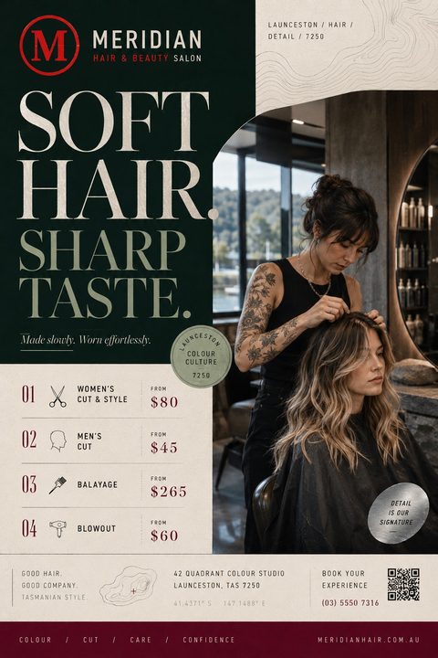 Modern hair salon price list flyer featuring a dark green color block, large elegant serif text, a photo of a stylist cutting hair, and a clean four-item service menu with prices.