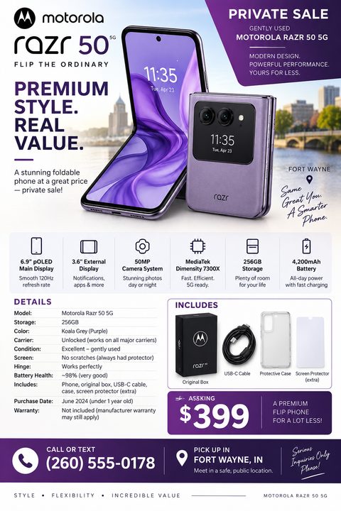 A flyer advertising a private sale for a gently used Motorola Razr 50 5G smartphone. The flyer features images of the purple foldable phone, a list of specifications, details about the condition and included accessories, an asking price of $399, and.