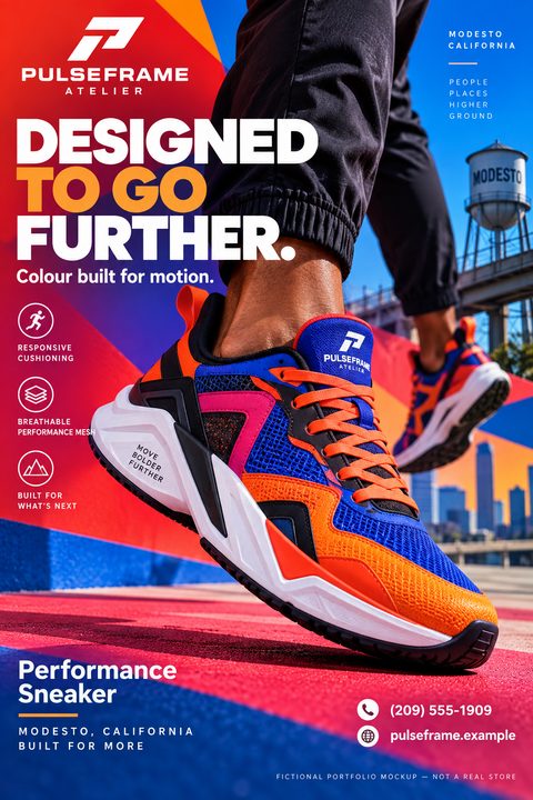 A vibrant flyer for a performance sneaker featuring a close-up of a person wearing a colorful blue, orange, and pink athletic shoe mid-stride. Bold text reads 'Designed to go further.'