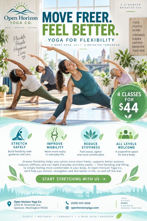 Yoga class flyer template with a photo of people doing yoga in a bright studio. Text reads 'Move Freer. Feel Better. Yoga for Flexibility' with a special offer badge and icons highlighting benefits.