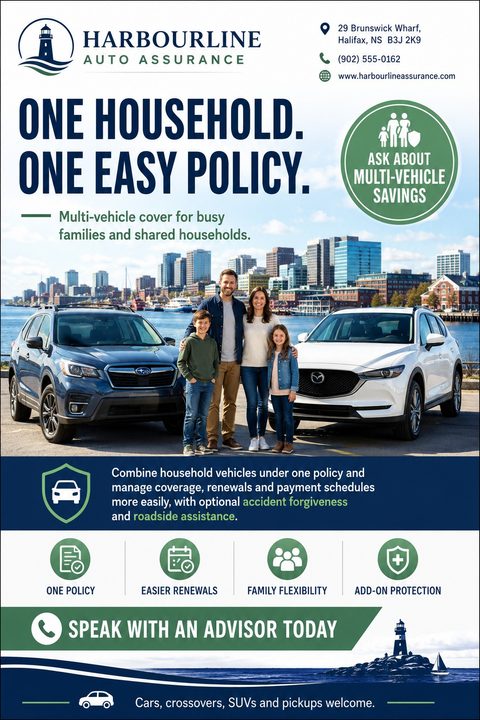 A professional auto insurance flyer in navy blue and green. It features a family standing between two cars with a city skyline behind them, plus icons highlighting policy benefits and contact information.