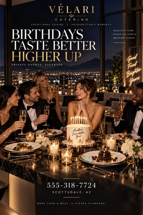 A group of elegantly dressed people celebrating a birthday at a luxurious rooftop dinner party with a city skyline view at night. The flyer features gold text on a dark background.