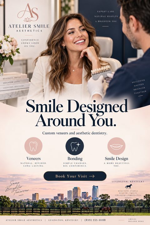 Flyer for aesthetic dentistry featuring a woman smiling at a dentist holding a shade guide. Text reads 'Smile Designed Around You. Custom veneers and aesthetic dentistry.' Includes icons for Veneers, Bonding, and Smile Design, and a city skyline at.