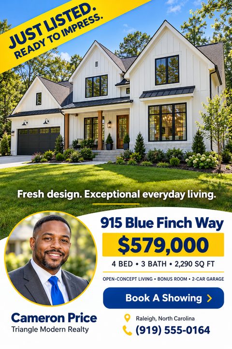 Real estate just-listed flyer featuring a large photo of a modern white farmhouse. A yellow diagonal banner sits top-left. The bottom has a white curved section with agent photo, price, and property details.