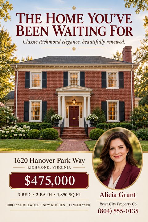 Real estate listing flyer featuring a large photo of a classic brick house. Below, a cream section displays the address, price, and property details, alongside a circular agent headshot with gold trim.