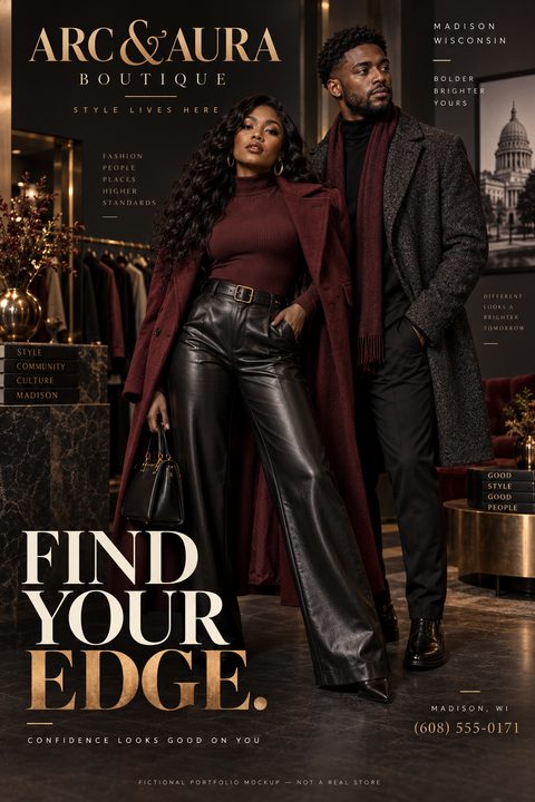 A luxurious fashion boutique flyer featuring a stylish couple in winter coats and leather pants against a dark, upscale store background. Elegant gold typography reads 'Find Your Edge.'