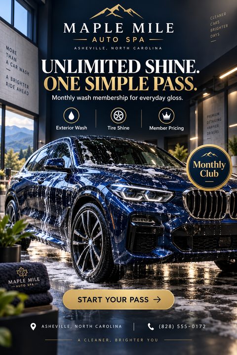A flyer for a car wash membership featuring a dark blue SUV covered in soap suds in a modern auto spa. The text reads 'Unlimited Shine. One Simple Pass.' with gold accents.