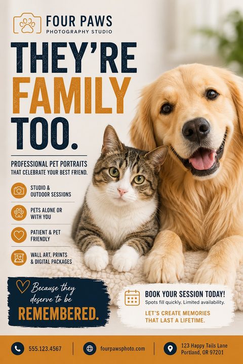 A pet photography flyer template with a cream background, navy blue and orange text, and a large photo of a golden retriever and a tabby cat. It includes service icons and contact details at the bottom.
