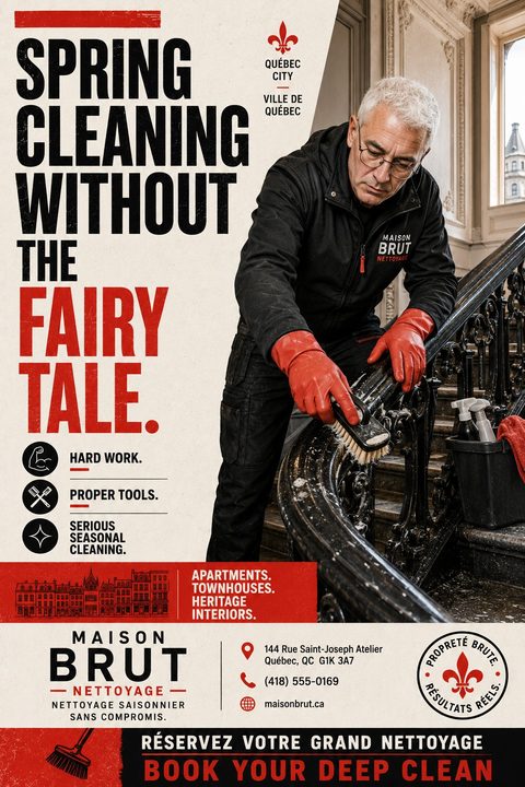Flyer for a cleaning service with bold text reading 'Spring Cleaning Without The Fairy Tale.' A man in black workwear and red gloves scrubs a staircase banister.