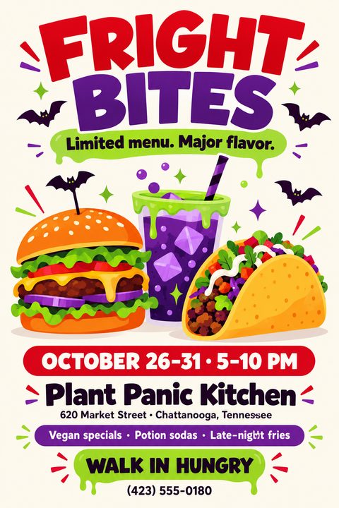 A colorful Halloween food flyer featuring cartoon illustrations of a burger, taco, and a purple potion drink with green slime. Text promotes a limited menu with bats flying in the background.