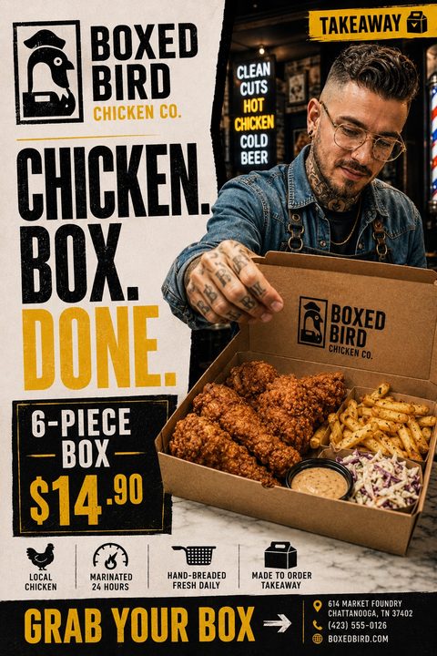 A bold takeaway flyer featuring a tattooed man holding a box of fried chicken, fries, and coleslaw. It has large black and yellow text on a textured off-white background with a black footer.