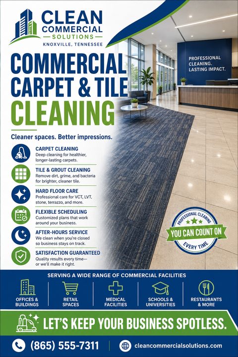 Flyer for commercial carpet and tile cleaning services. Features a photo of a clean office lobby with blue carpet and white tile. Lists services like carpet cleaning, tile & grout cleaning, and hard floor care.