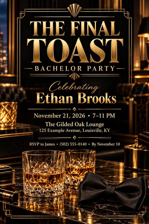 A sophisticated bachelor party invitation flyer with a black background, elegant gold Art Deco borders and text. At the bottom, two crystal glasses of whiskey on ice sit next to a black bow tie.