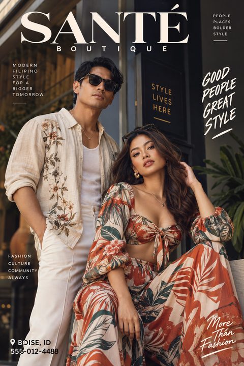 A fashion boutique flyer designed like a magazine cover, featuring a stylish man and woman in floral and tropical print clothing against a dark background, with elegant serif and script typography.