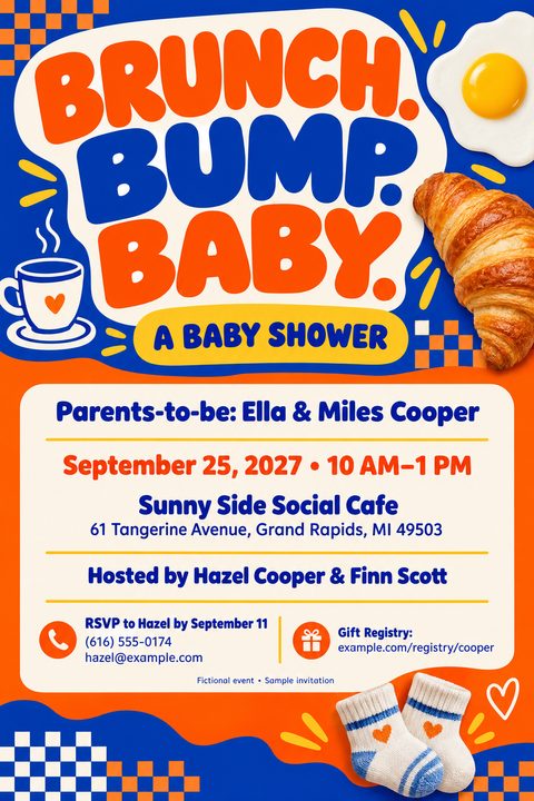 A colorful baby shower invitation flyer with a retro design. The top half features large, bubbly text reading 'BRUNCH. BUMP. BABY. A BABY SHOWER' in orange and blue against a cream background, surrounded by illustrations of a coffee cup, a fried.