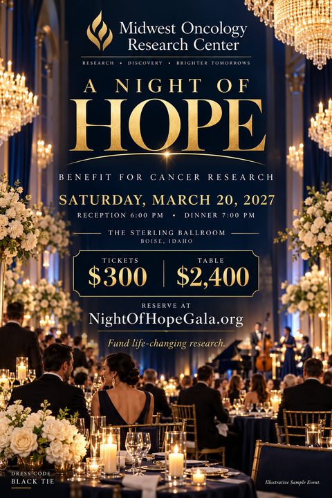 A formal fundraising flyer with a navy blue background and gold text. The background image shows people in formal wear at a candlelit dinner in a grand ballroom with chandeliers. The text reads 'A Night of Hope, Benefit for Cancer Research'.