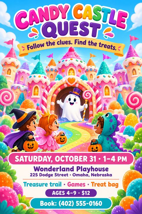 A vibrant, cartoon-style flyer for a children's Halloween event. It features a colorful candy castle, a friendly ghost, and three kids in costumes walking on a rainbow path with pumpkin buckets.