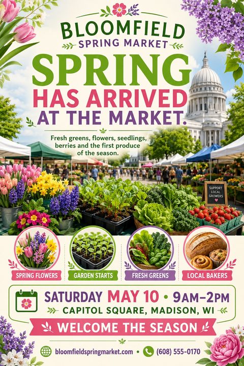 Flyer for a spring market featuring a large photo of a farmers market with fresh produce and flowers, and four smaller circular photos highlighting spring flowers, garden starts, fresh greens, and local bakers.