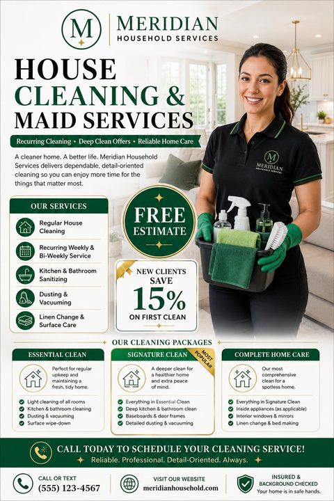 House cleaning flyer template with a green and gold color scheme. Features a smiling cleaner holding supplies, a list of services, a 15% off coupon, and three tiered cleaning packages.
