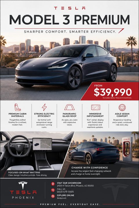 A car sales flyer featuring a dark blue electric sedan parked in a city. The flyer highlights the starting price, key features with icons, and includes smaller images of the interior and the car charging.