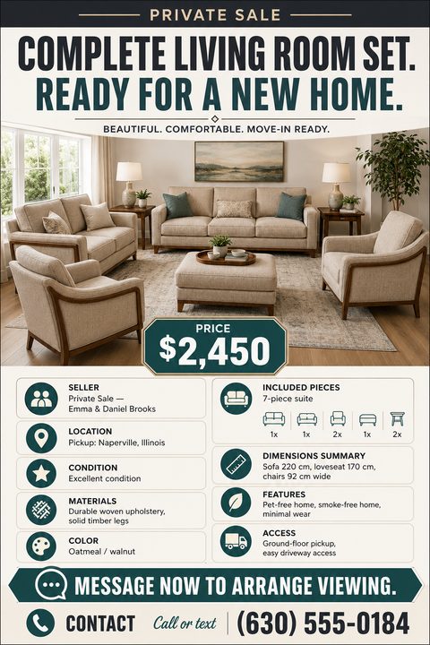 A private sale flyer for a living room set. It features a large photo of the furniture, a prominent price tag, and a detailed grid with icons listing specifications, condition, and contact information.