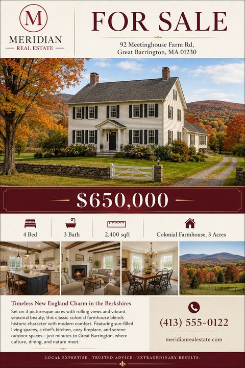 Real estate flyer for a colonial farmhouse. Features a large photo of a white two-story house with autumn foliage, a price banner, property details, four smaller interior and exterior photos, a description, and contact information.