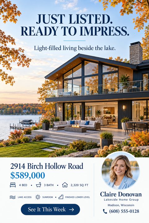 A real estate just listed flyer featuring a large photo of a modern lakehouse with a patio. The bottom white section includes property details, price, icons, and a circular agent headshot.
