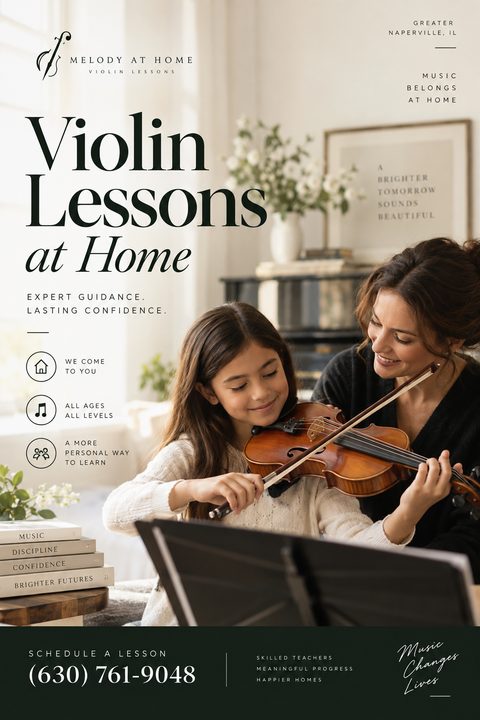 A flyer for in-home violin lessons featuring a photo of a teacher guiding a young girl playing the violin. The text reads 'Violin Lessons at Home' with bullet points highlighting the benefits.