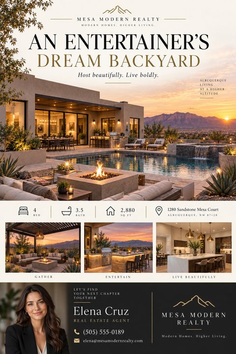 Real estate flyer template featuring a large photo of a modern home with a pool and fire pit at sunset. Below are property details, three smaller photos of the patio, outdoor kitchen, and indoor kitchen, and an agent profile section at the bottom.