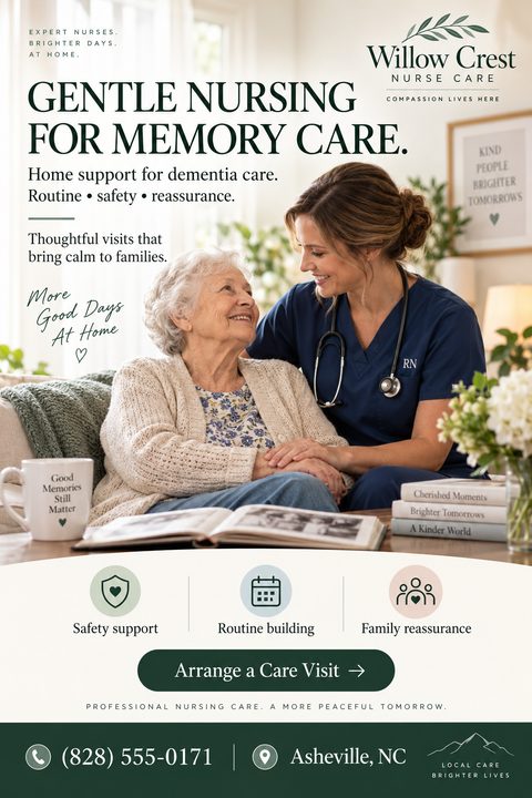 A compassionate home nursing flyer featuring a photo of a smiling nurse in scrubs comforting an elderly woman. The design includes soft green text, service icons, and a dark green footer with contact details.