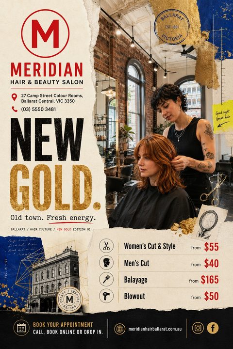 A collage-style hair salon flyer featuring torn paper edges, gold foil textures, a photo of a stylist cutting a client's hair, a vintage building sketch, and a service price list.