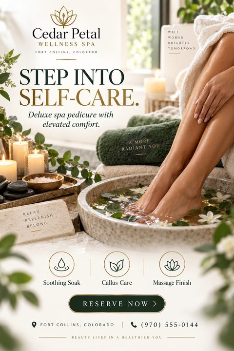 Flyer for a wellness spa promoting a deluxe spa pedicure. Features a photo of a woman's legs soaking in a stone basin with flowers, surrounded by candles, towels, and spa stones. Text reads 'Step into self-care. Deluxe spa pedicure with elevated.
