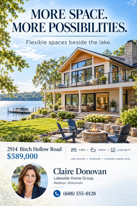 Real estate flyer with a large photo of a two-story lakefront house and fire pit. The bottom section has a white background with blue text for property details, price, and agent contact info.