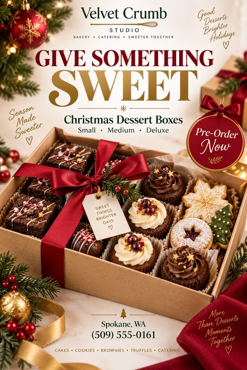 A festive flyer for Christmas dessert boxes featuring a large photo of a cardboard box filled with brownies, cupcakes, and cookies, tied with a red ribbon, surrounded by pine branches and ornaments.