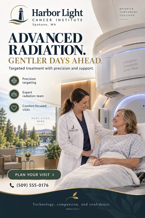 A medical flyer template with a large photo of a doctor smiling at a patient in a hospital bed next to a large medical machine. Text reads 'Advanced Radiation. Gentler Days Ahead.' with bullet points for precision targeting, expert team, and.