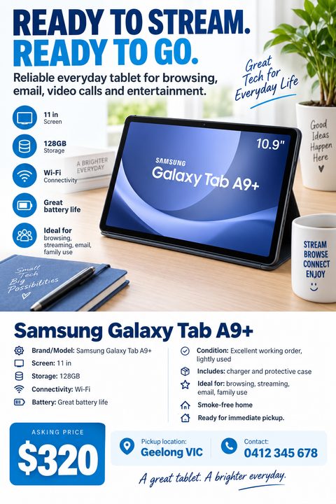 Flyer advertising a Samsung Galaxy Tab A9+ for sale. Top half features a photo of the tablet on a desk with key specs in blue circles. Bottom half lists detailed specifications, condition, asking price of $320, and contact info.