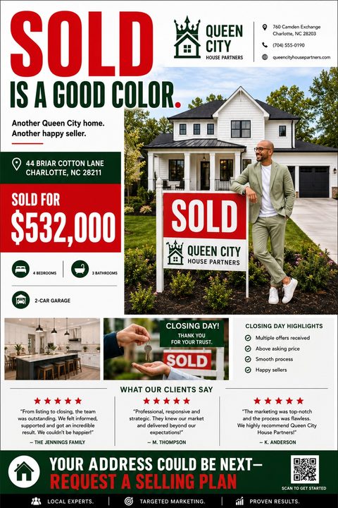 Real estate flyer template with a large 'SOLD' headline in red. Features a photo of an agent leaning on a 'SOLD' sign in front of a house, interior photos, property details, client testimonials, and a QR code.
