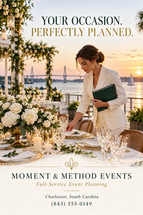 An elegant event planning flyer featuring a woman in a white suit setting a luxurious outdoor banquet table with white flowers and candles at sunset, with a waterfront bridge behind her.