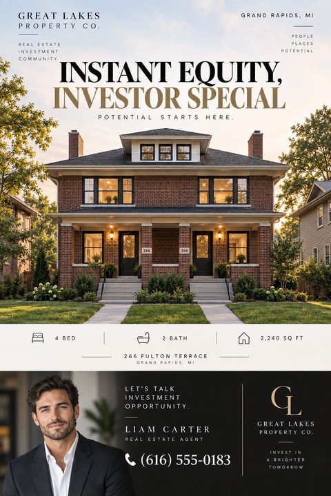 Elegant real estate flyer featuring a large photo of a brick duplex, a bold serif headline for an investor special, property details, and a black footer with an agent portrait and contact info.