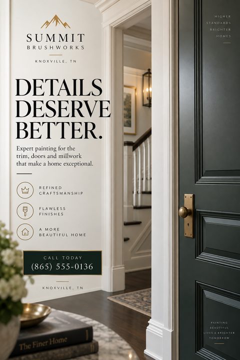 A sophisticated flyer for a painting company, featuring a photo of a beautifully painted dark green interior door and white trim, with elegant typography and gold accents.