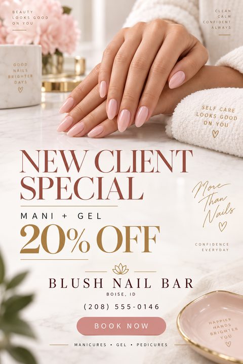 A promotional flyer for a nail salon featuring a close-up photo of hands with a fresh, light pink manicure resting on a white towel. The text reads 'New Client Special, Mani + Gel 20% Off' with contact details for Blush Nail Bar.