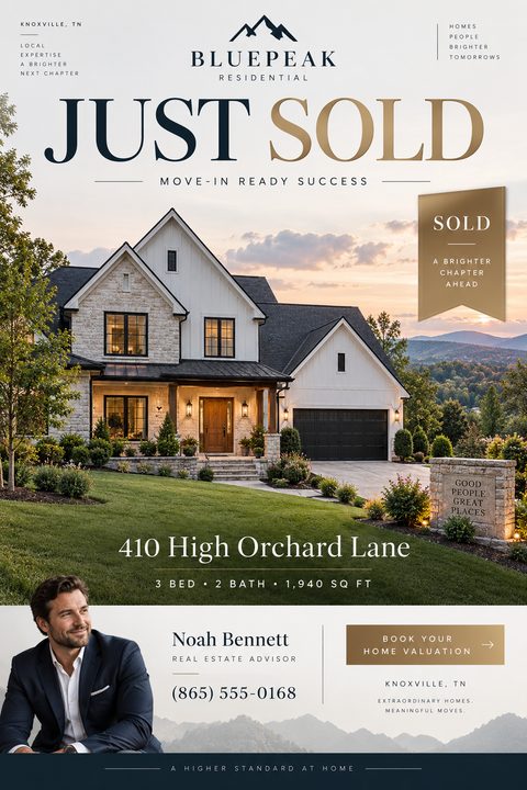 Real estate 'Just Sold' flyer featuring a large photo of a beautiful two-story house at sunset, with elegant gold typography, a 'Sold' ribbon, and a real estate agent's photo and contact information at the bottom.
