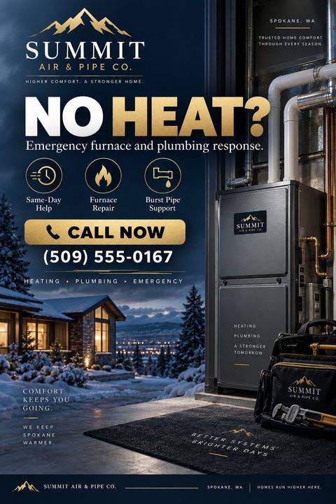 A premium navy and gold flyer for emergency HVAC and plumbing services, featuring a snowy winter neighborhood background, a modern furnace unit, a tool bag, and a prominent NO HEAT headline.