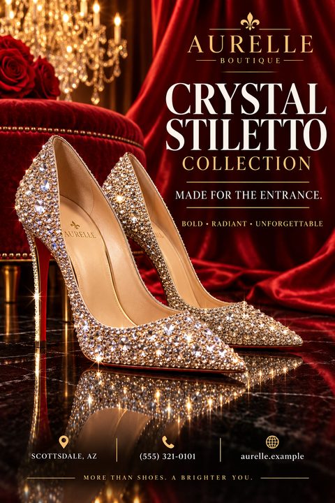 A glamorous flyer for a new shoe collection featuring a pair of sparkling crystal stiletto heels on a reflective black surface with a red velvet curtain and a chandelier in the background.