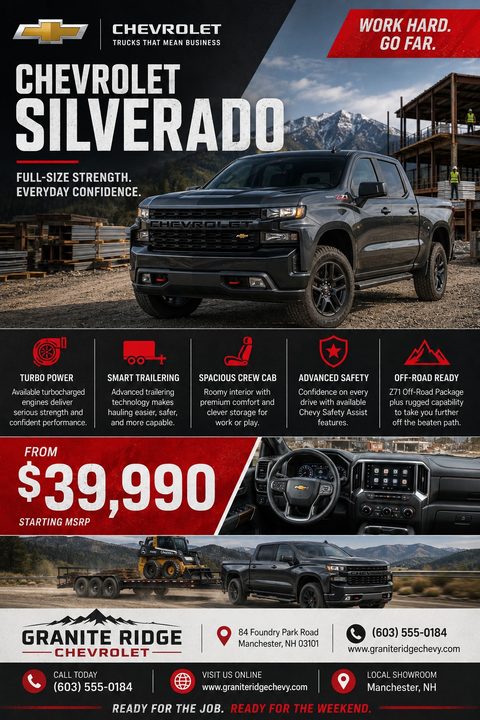 A rugged auto dealership flyer featuring a large black pickup truck at a construction site. It includes red feature icons, a prominent starting price, interior shots, and dealership contact information at the bottom.